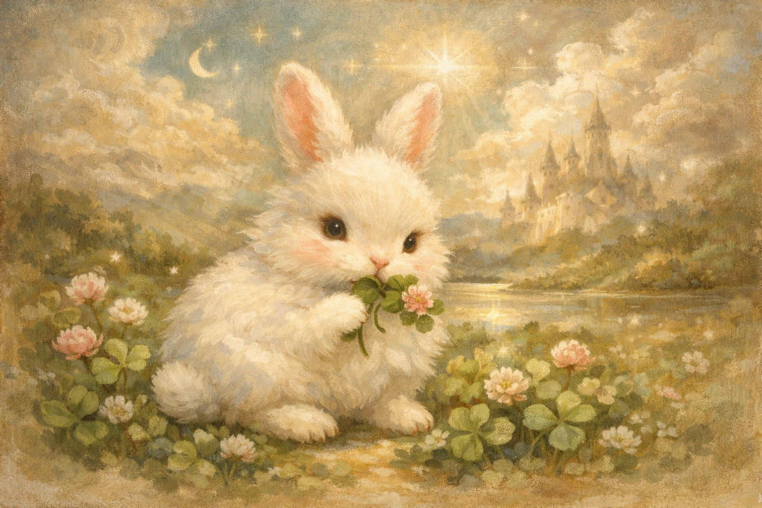 Coelho fofinho beliscando trevos em pintura suave a têmpera