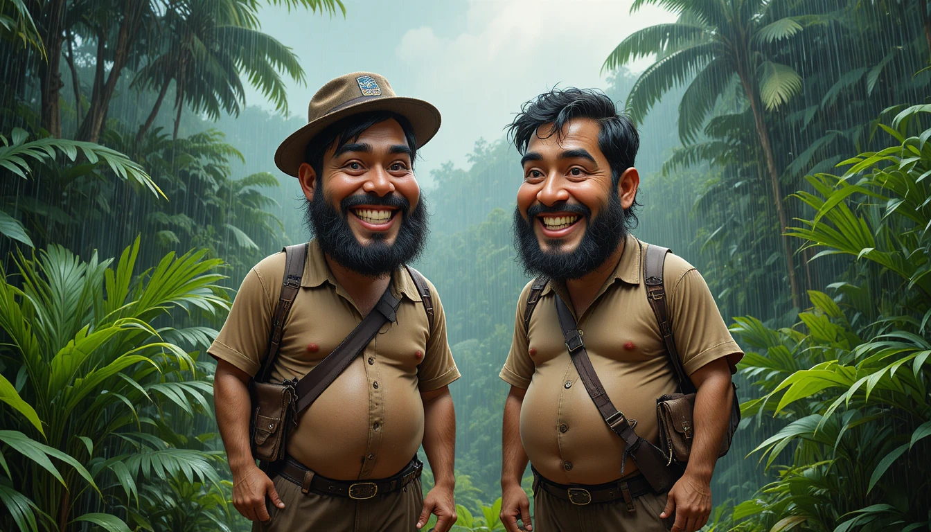 Two friends sitting in tropical rain forest