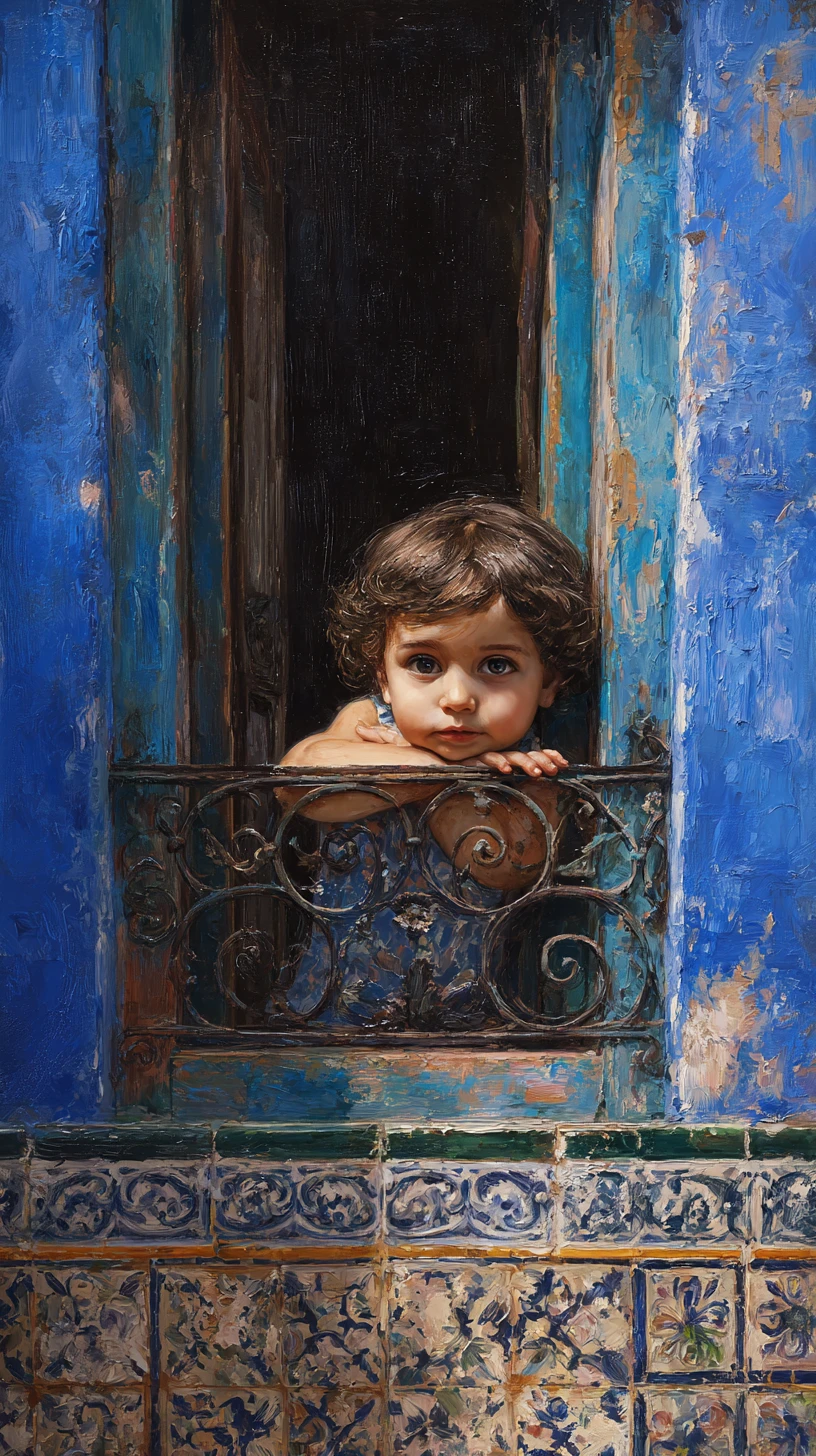 Child gazing from rustic window in oil painted scene