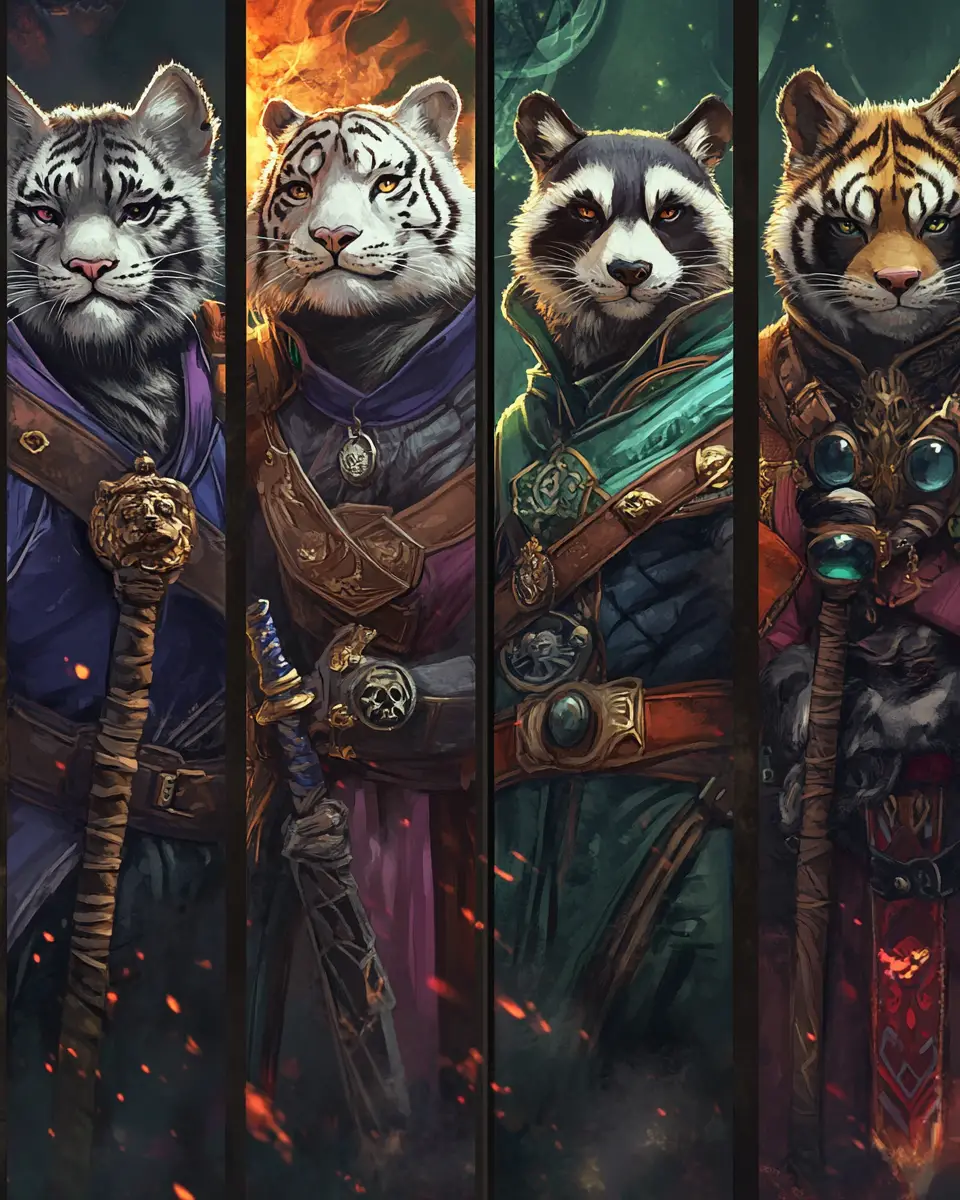 Lista de aventureiros animais de fantasia na tela de seleção do jogo