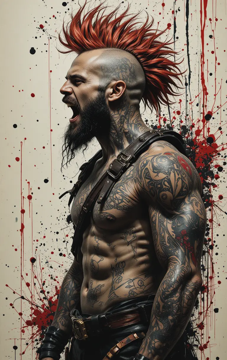 Tattooed bearded man yelling in intense side profile