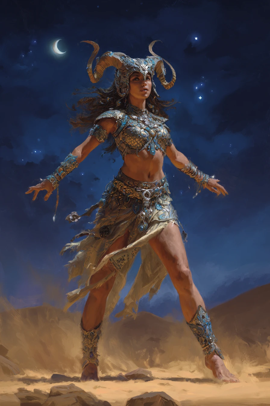 Femme fantastique cornue en armure sous un ciel désertique au clair de lune