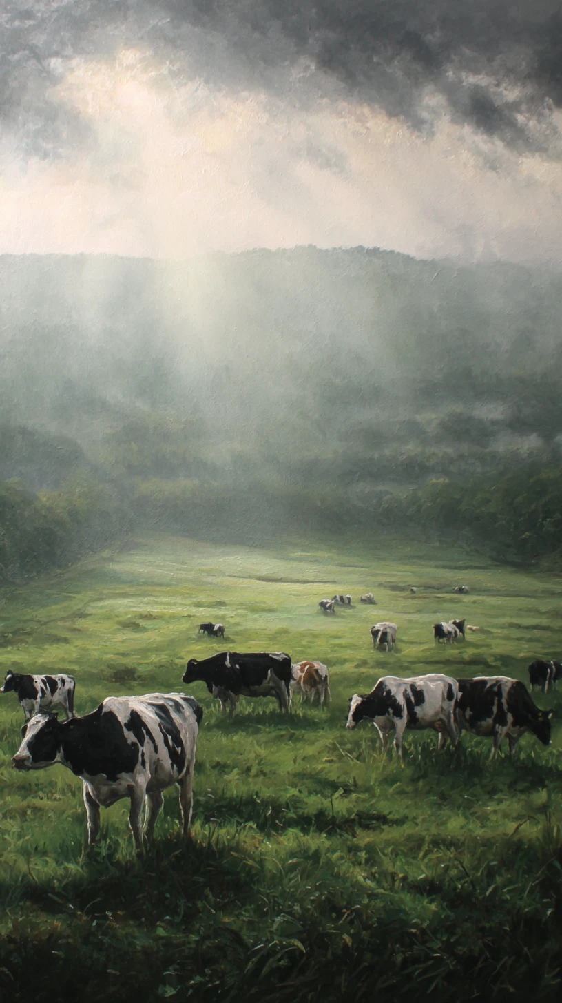 Vacas Pastando en un Prado Brumoso al Amanecer Húmedo