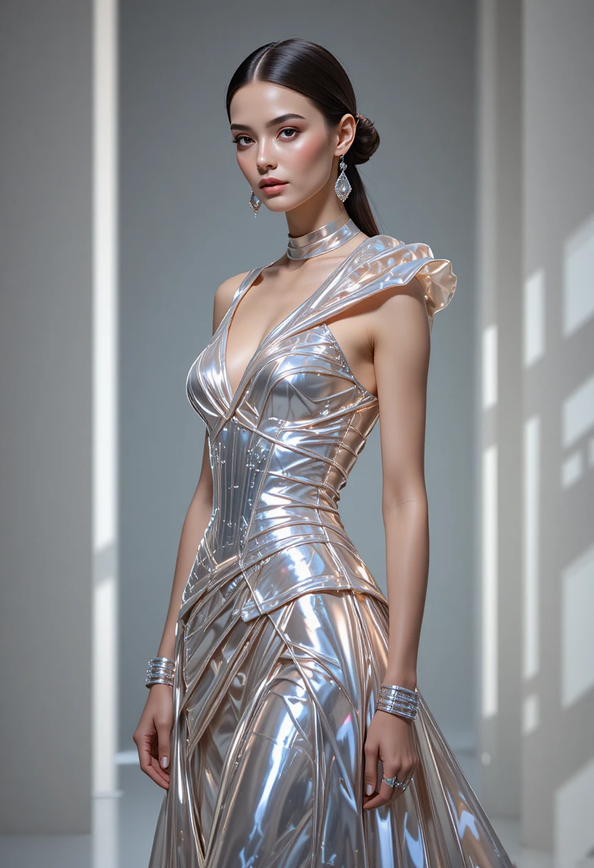 Illustrazione di moda couture riflettente con elegante modella