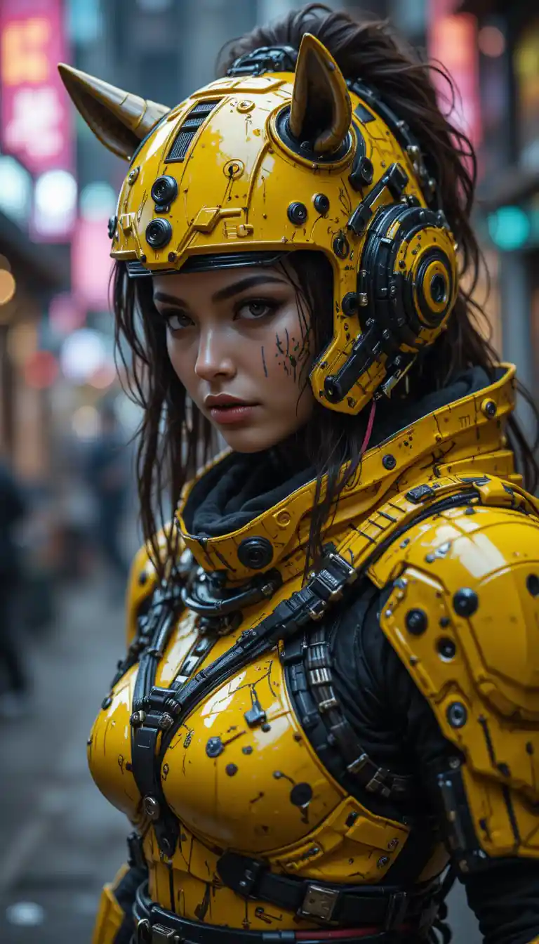 Cyberpunk rhinoceros goddess warrior in neon armor