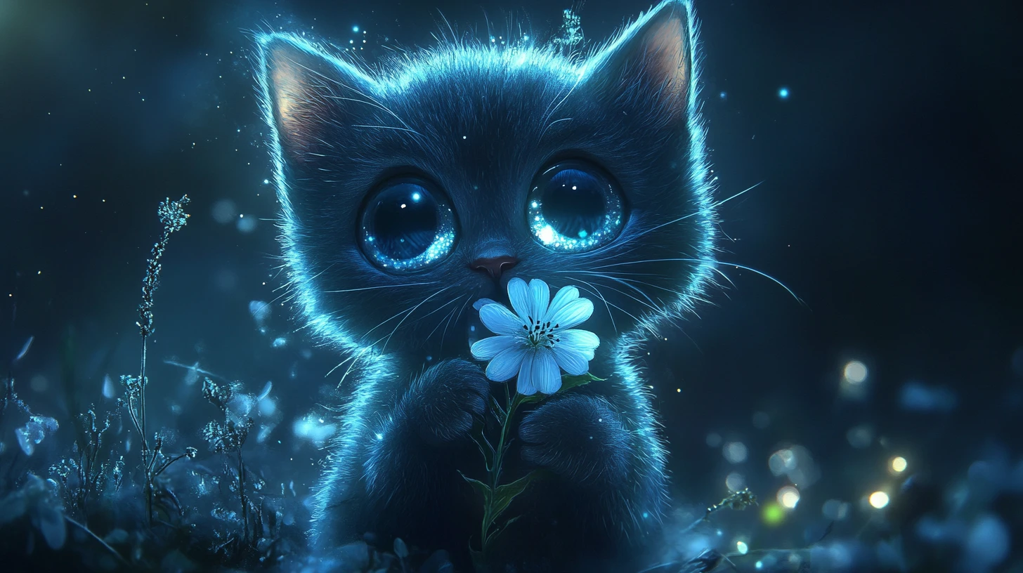Chaton aux yeux ronds tenant des fleurs de lune dans une nuit lumineuse