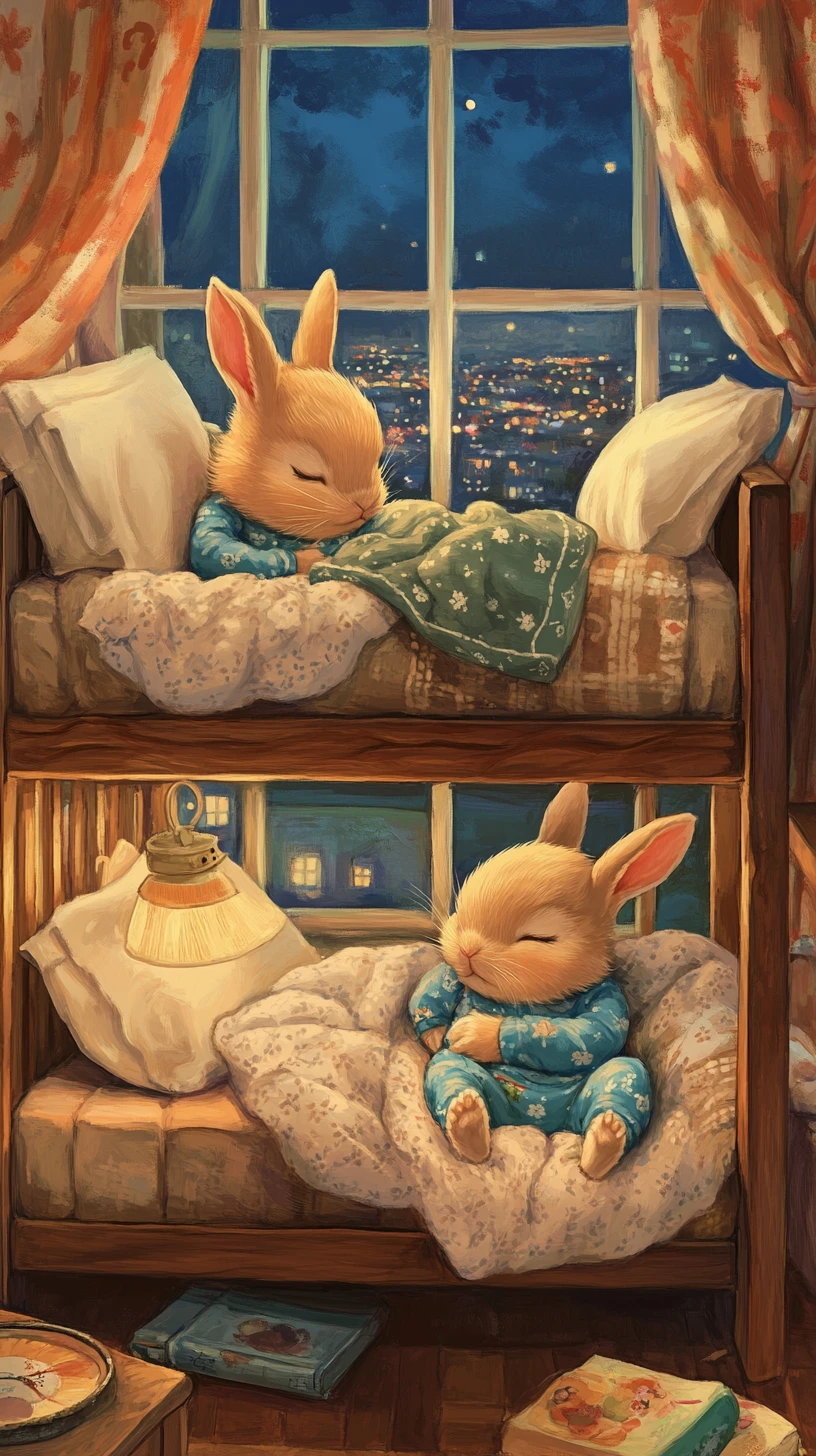 Dois coelhinhos dormindo em um beliche aconchegante à noite
