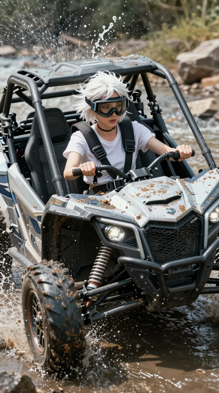 Jovem dirigindo buggy off-road através de corredeira
