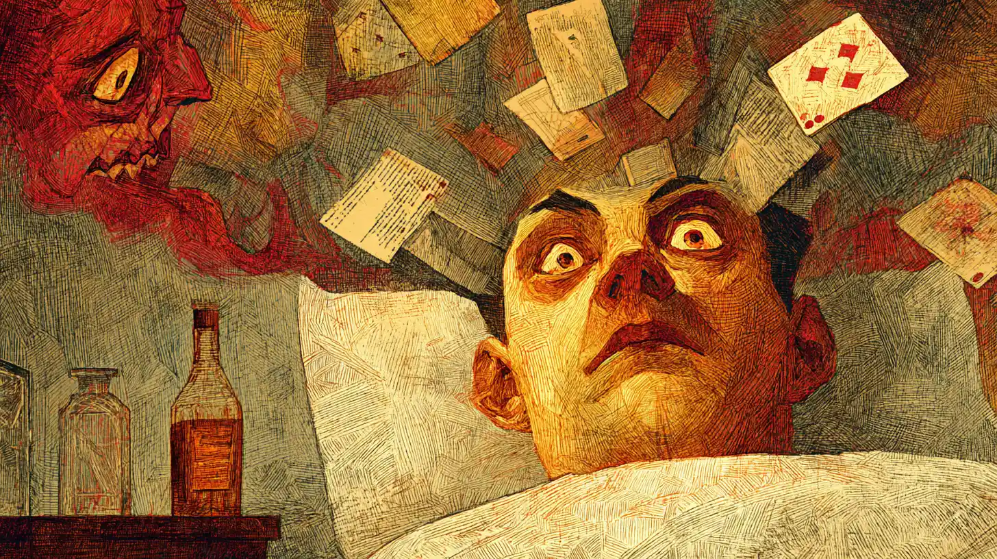 Terrified man on a bed facing surreal floating demons
