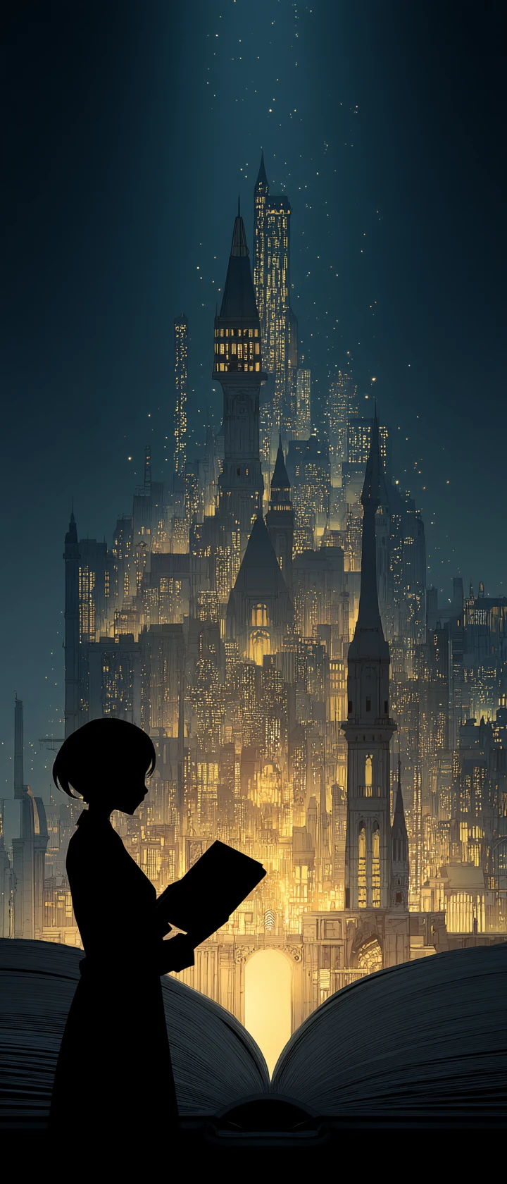 Anime librarian revealing a glowing city inside an open book