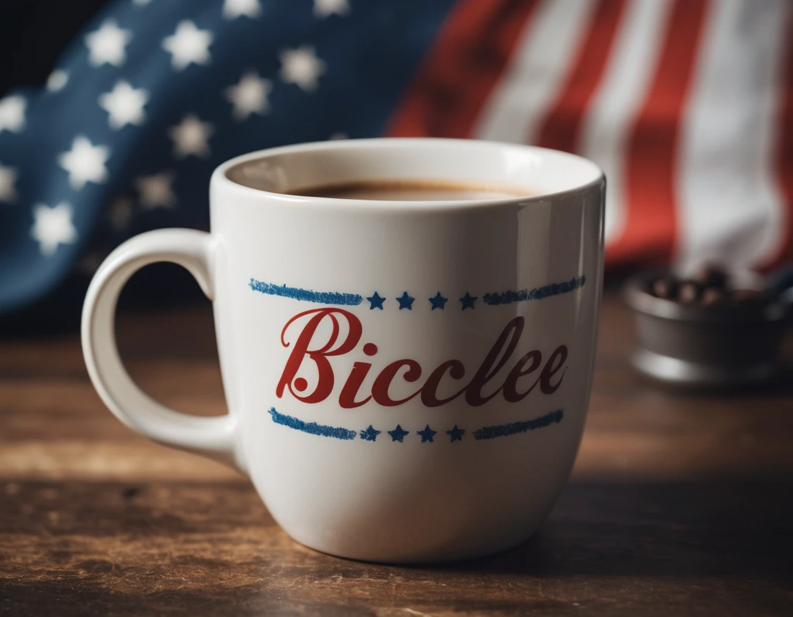 Café versé d’une cafetière à piston dans une tasse américaine patriotique