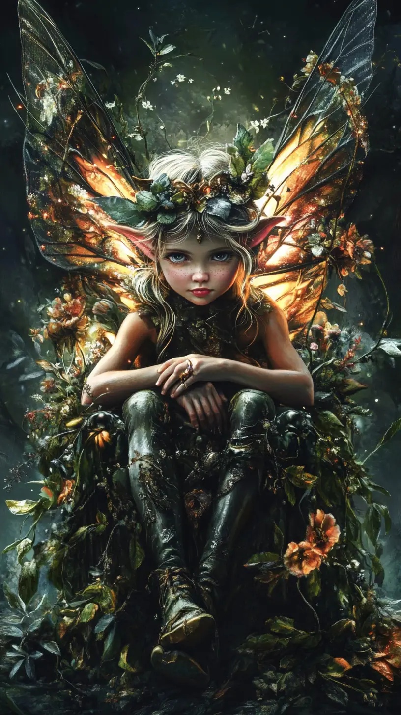 Vintage fairy girl on a throne in golden light