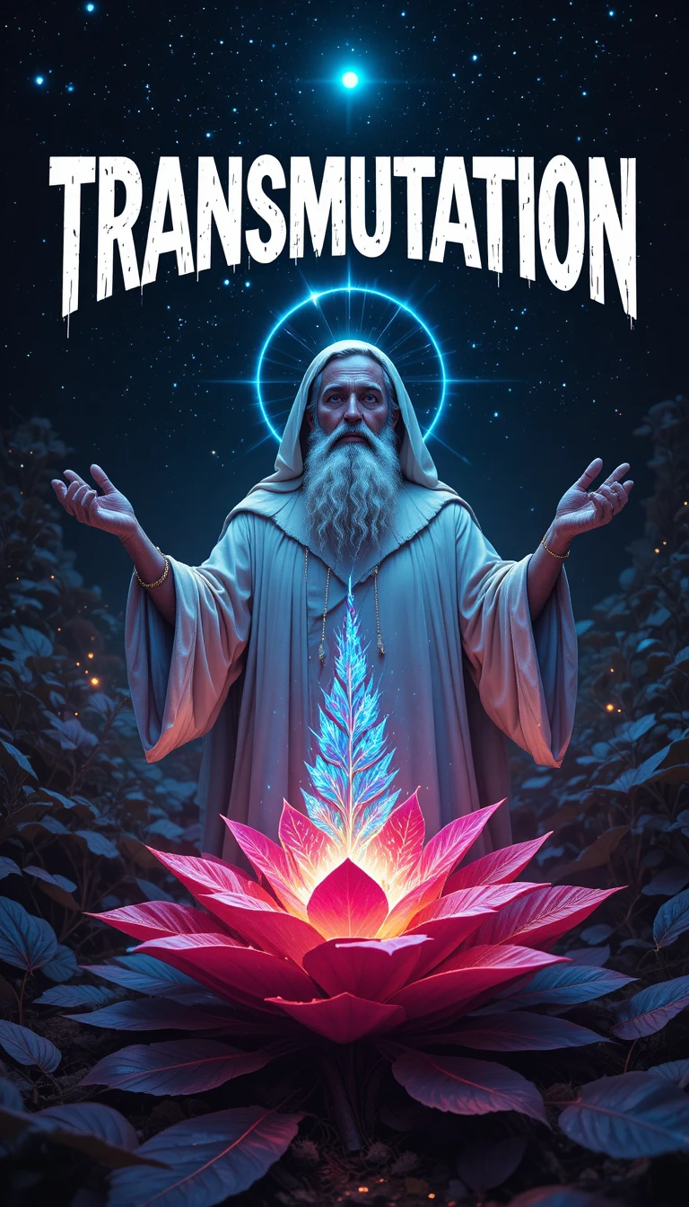 Sage barbu avec halo radiant au‑dessus d’un ciel étoilé radioactif