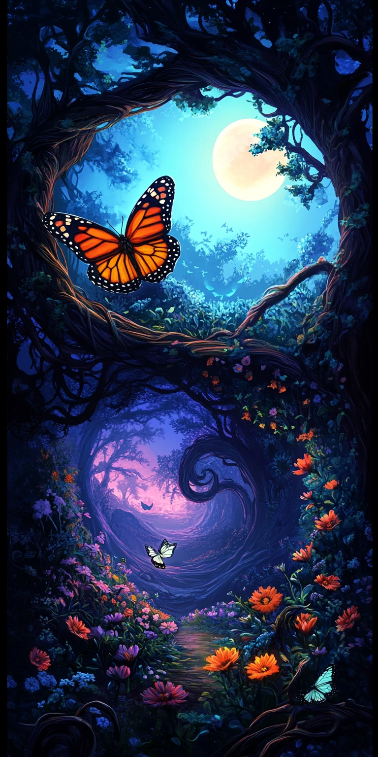Borboleta mística em floresta fantástica ao crepúsculo em díptico