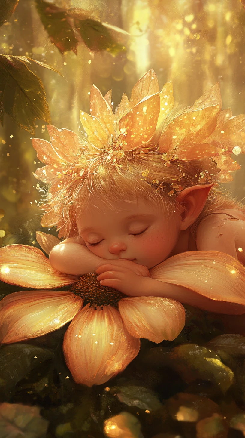 Jovem troll descansando suavemente contra uma flor florescente da floresta