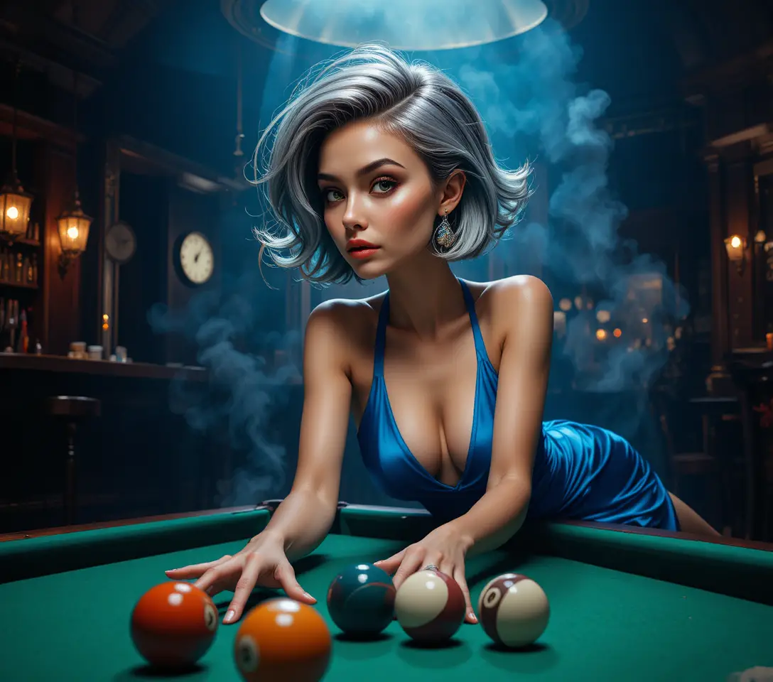 Elegant woman leaning over billiard table in moody bar