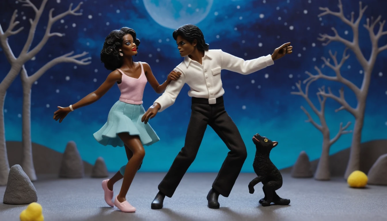 Claymation couple dancing under a starry night sky