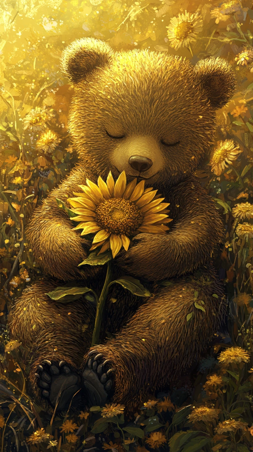 Osito bebé abrazando un girasol en una suave luz dorada