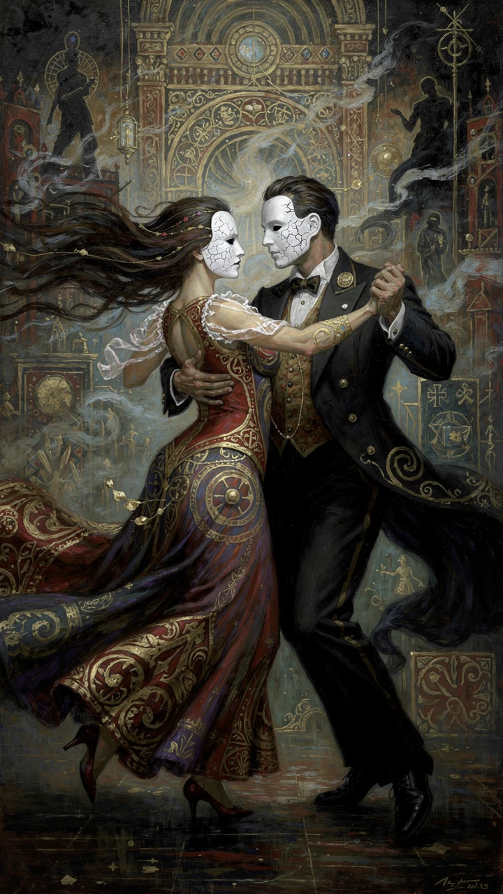 Coppia mascherata in una danza romantica surreale con abiti svolazzanti