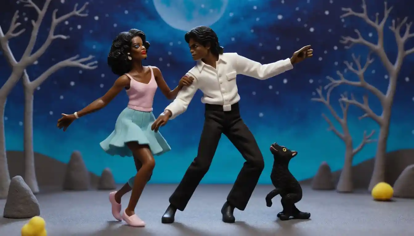 Claymation couple dancing under a starry night sky