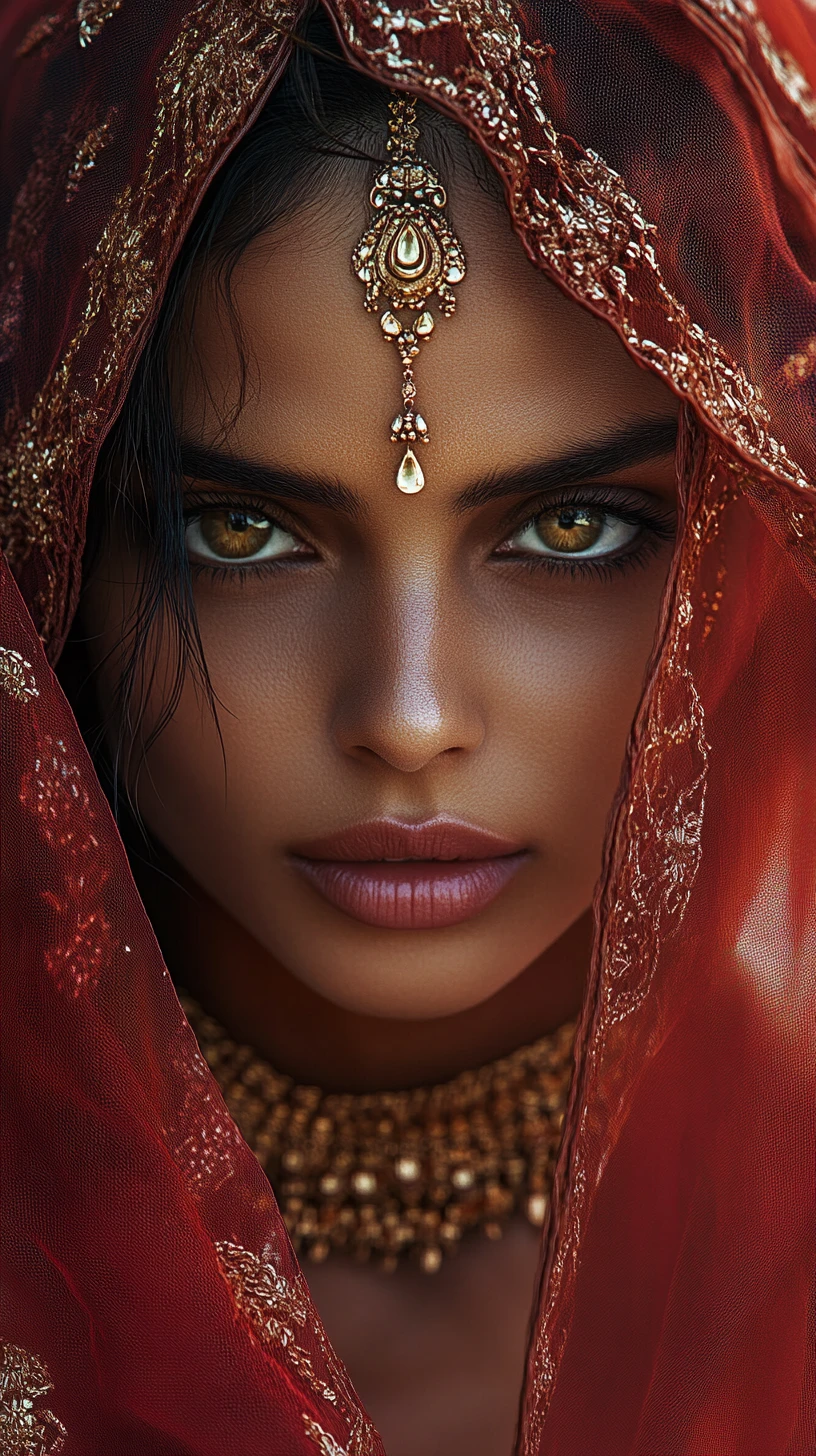 Mysterious Indian Woman In Red Veil With Golden Jewelry