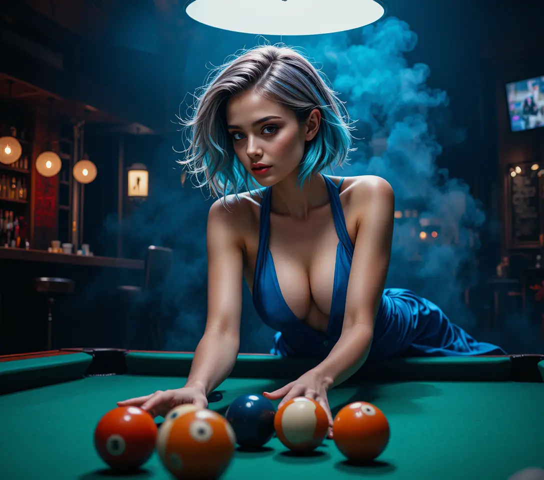 Elegant woman leaning over billiard table in moody bar