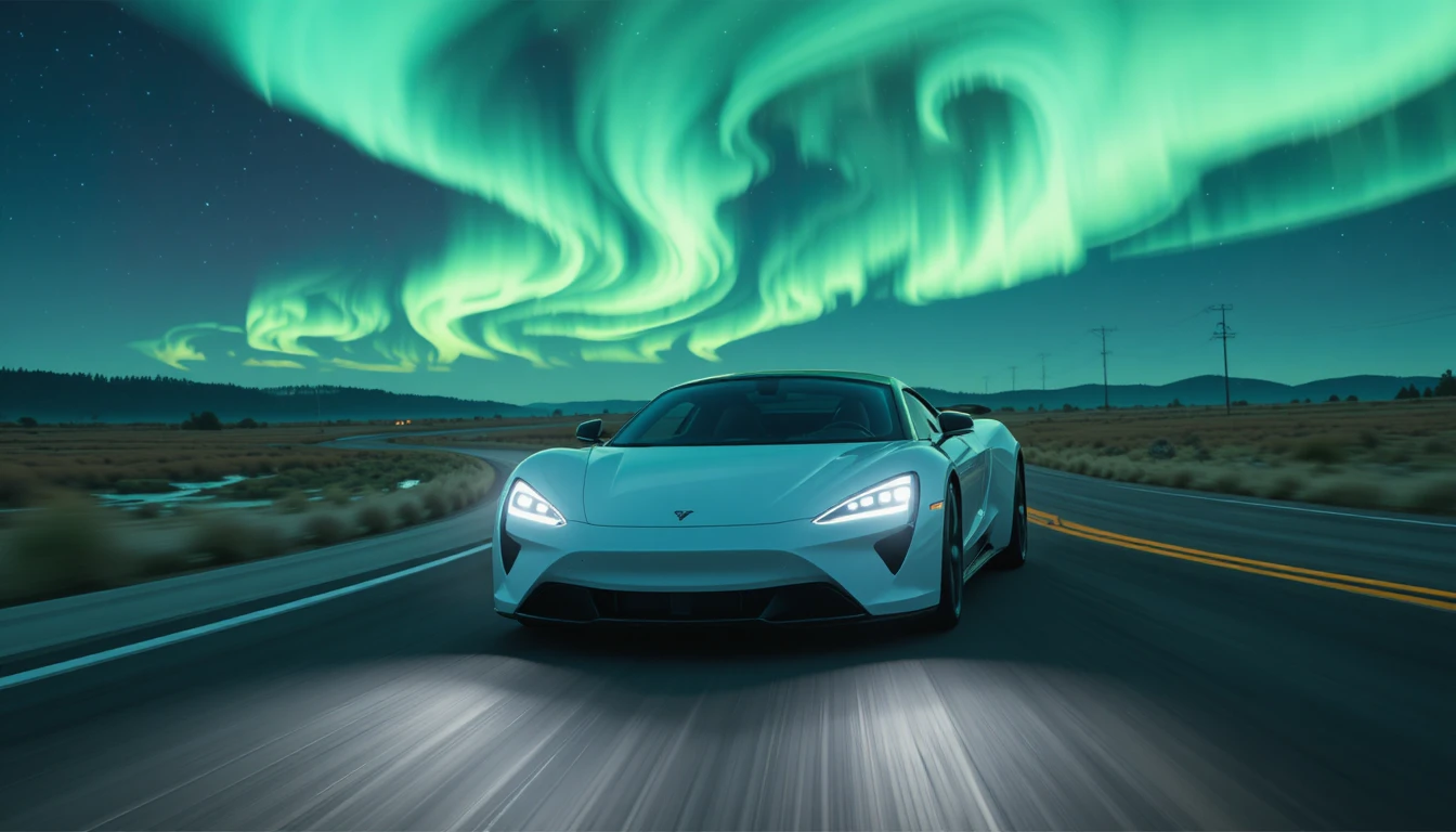 Carro esportivo branco correndo à noite sob a aurora