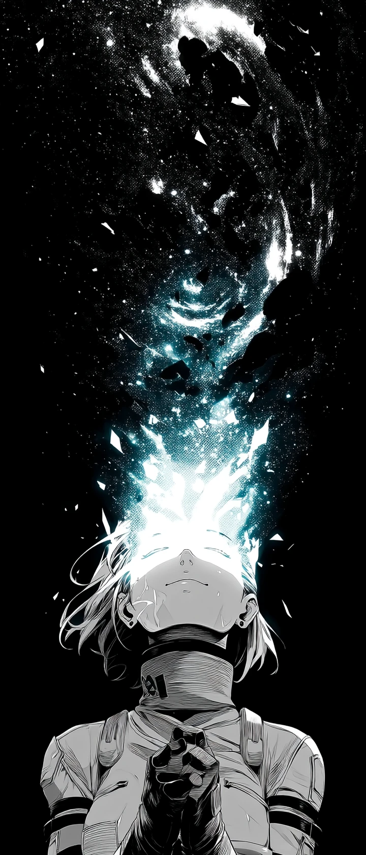 Guerreira de anime com máscara rachada e galáxia interior