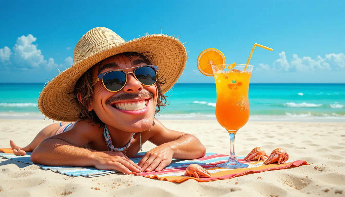 Glücklicher Strandnager entspannt mit Cocktail und Sonnenbrille
