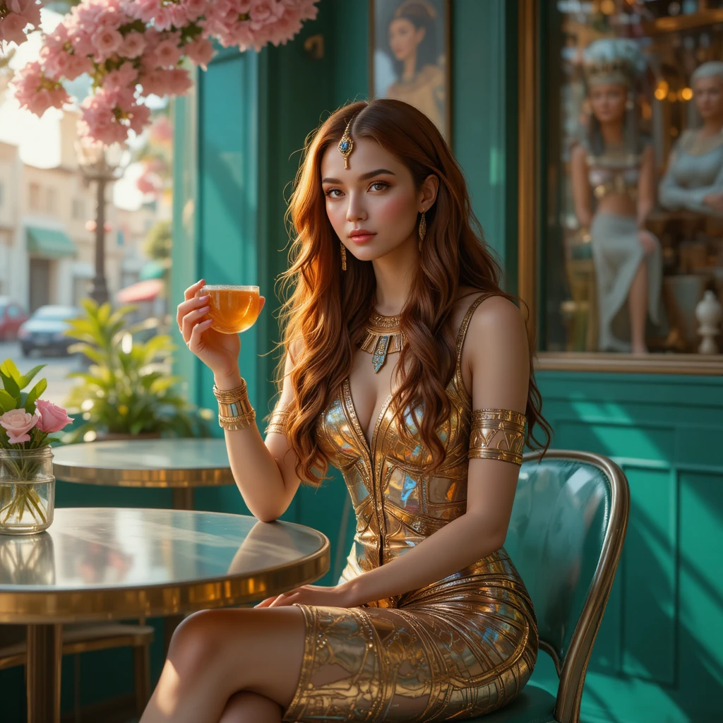 Regina egizia futuristica che sorseggia caffè in un bar sereno