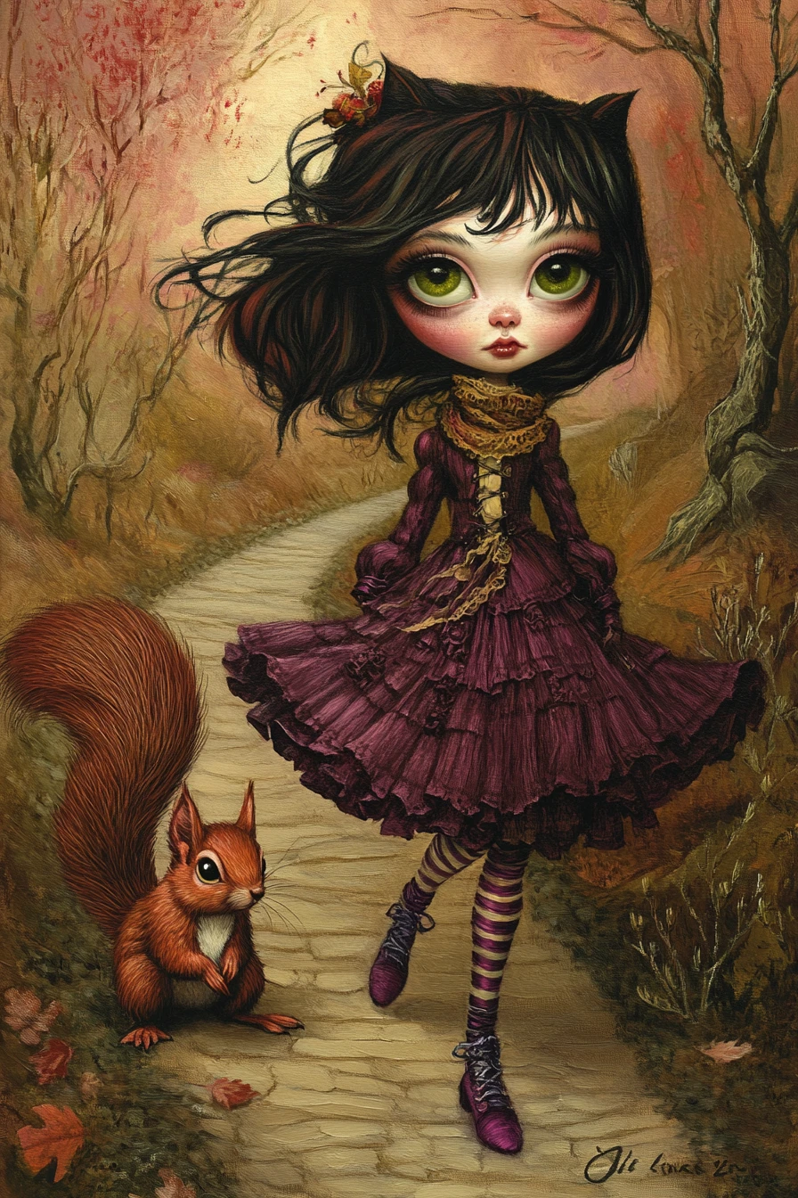 Girl with green eyes walking a forest path with squirrel