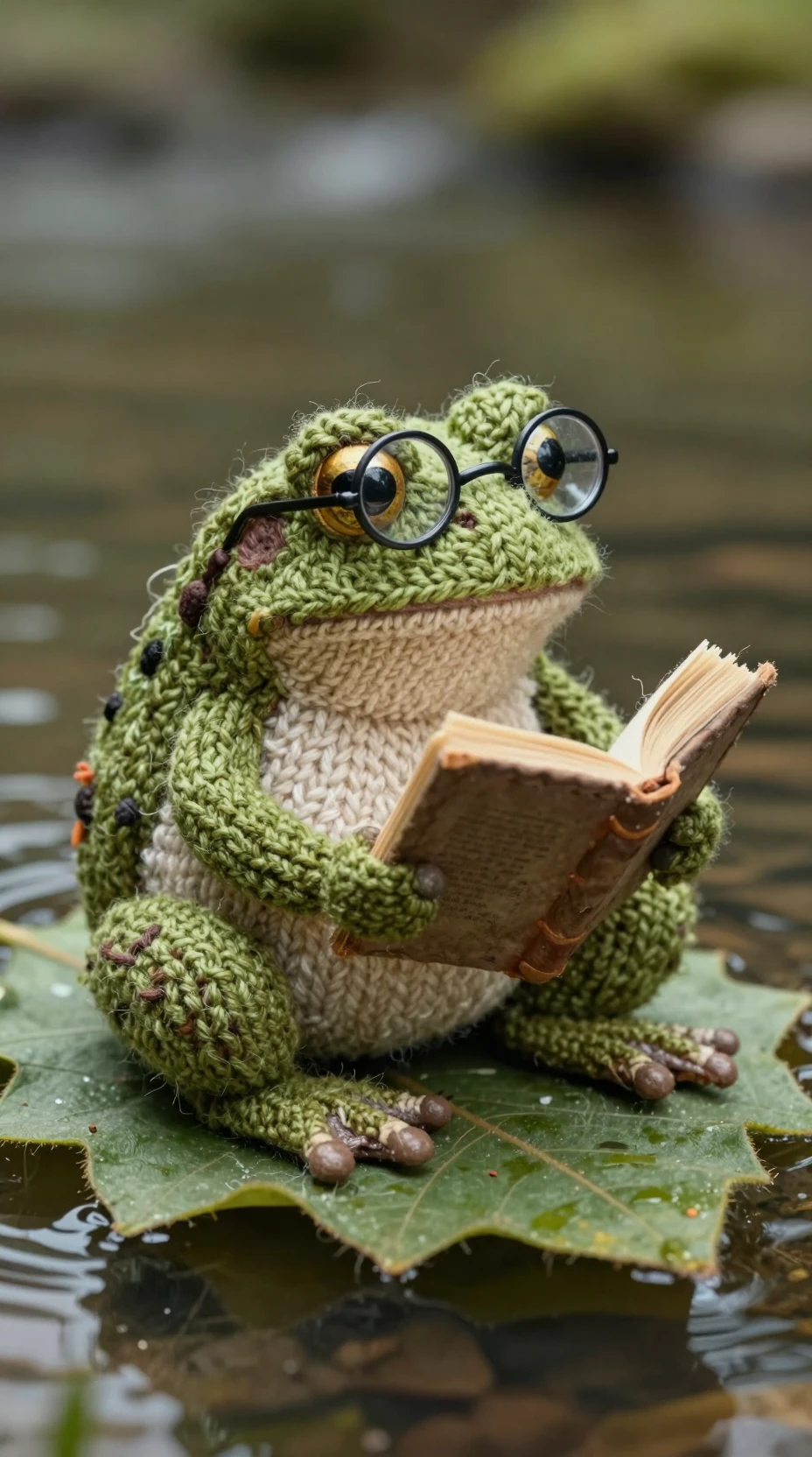 Grenouille tricotée pensive avec un livre sur une feuille au fil de l’eau