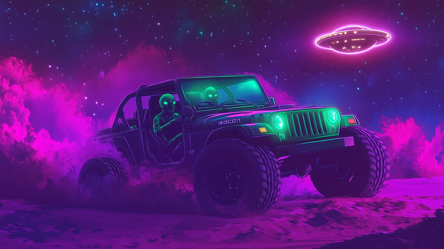 Neon green alien driving a lifted jeep in desert night