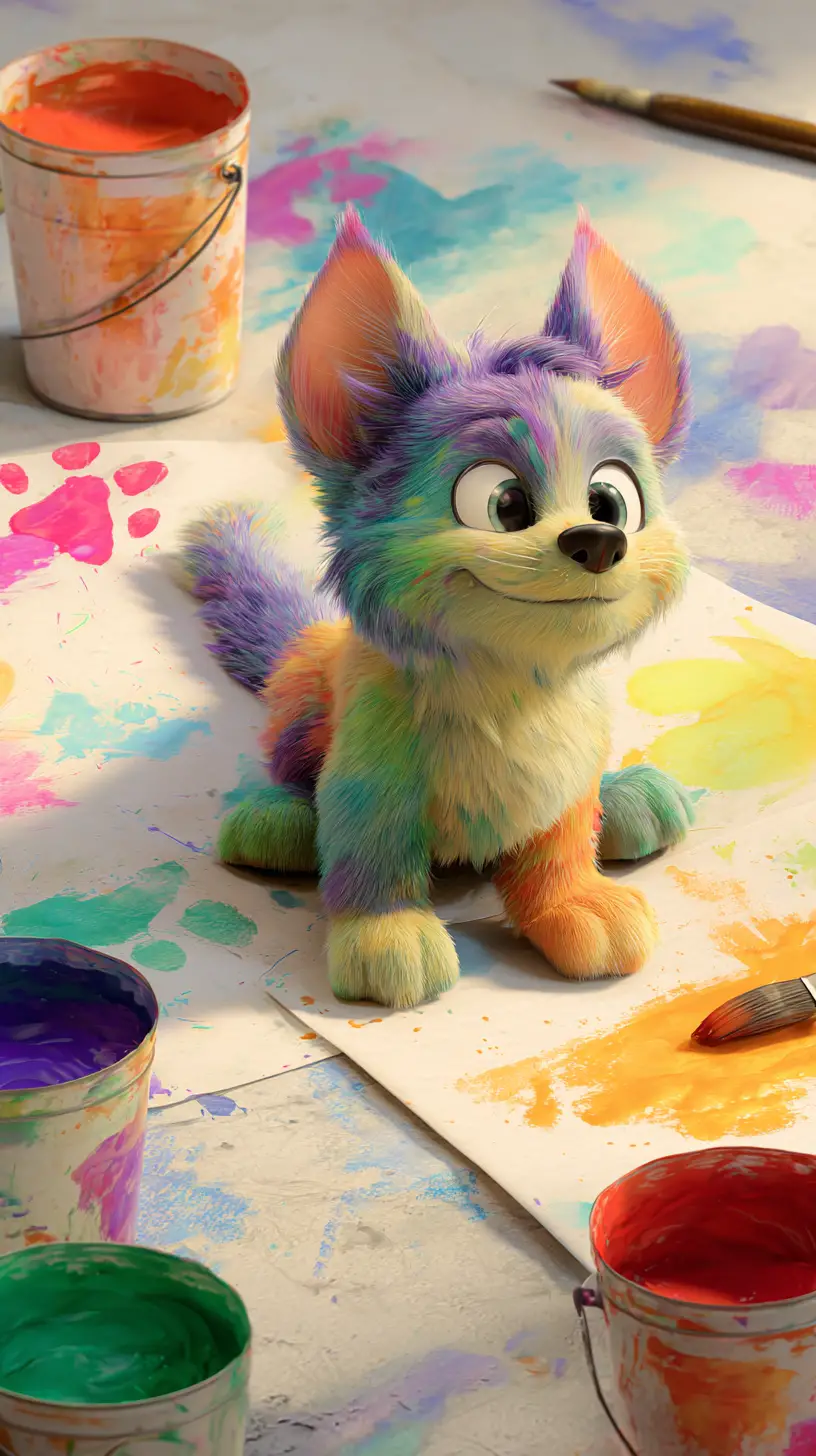 Adorable chaton cartoon peignant des empreintes de pattes colorées sur une toile