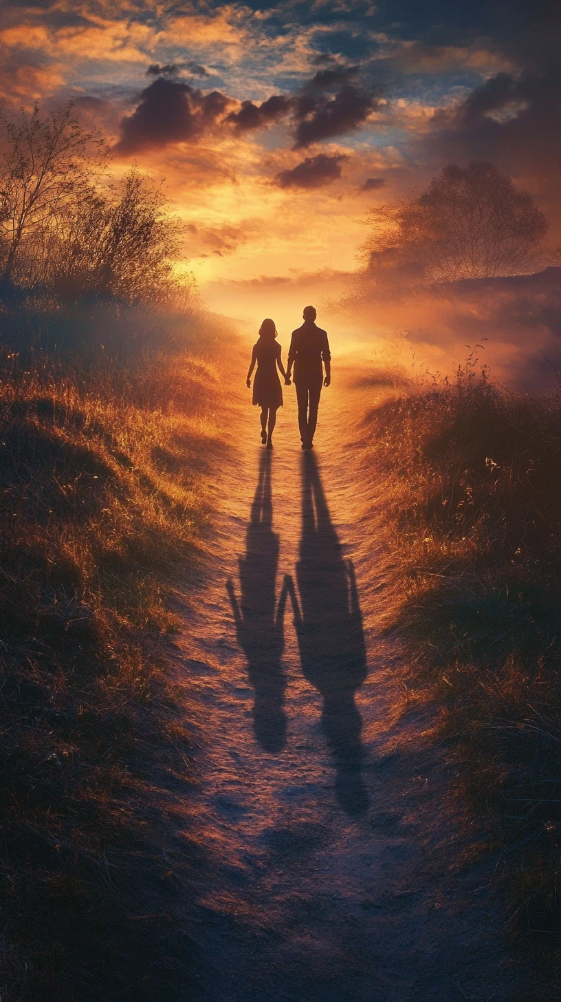 Casal Caminhando de Mãos Dadas em uma Trilha ao Pôr do Sol