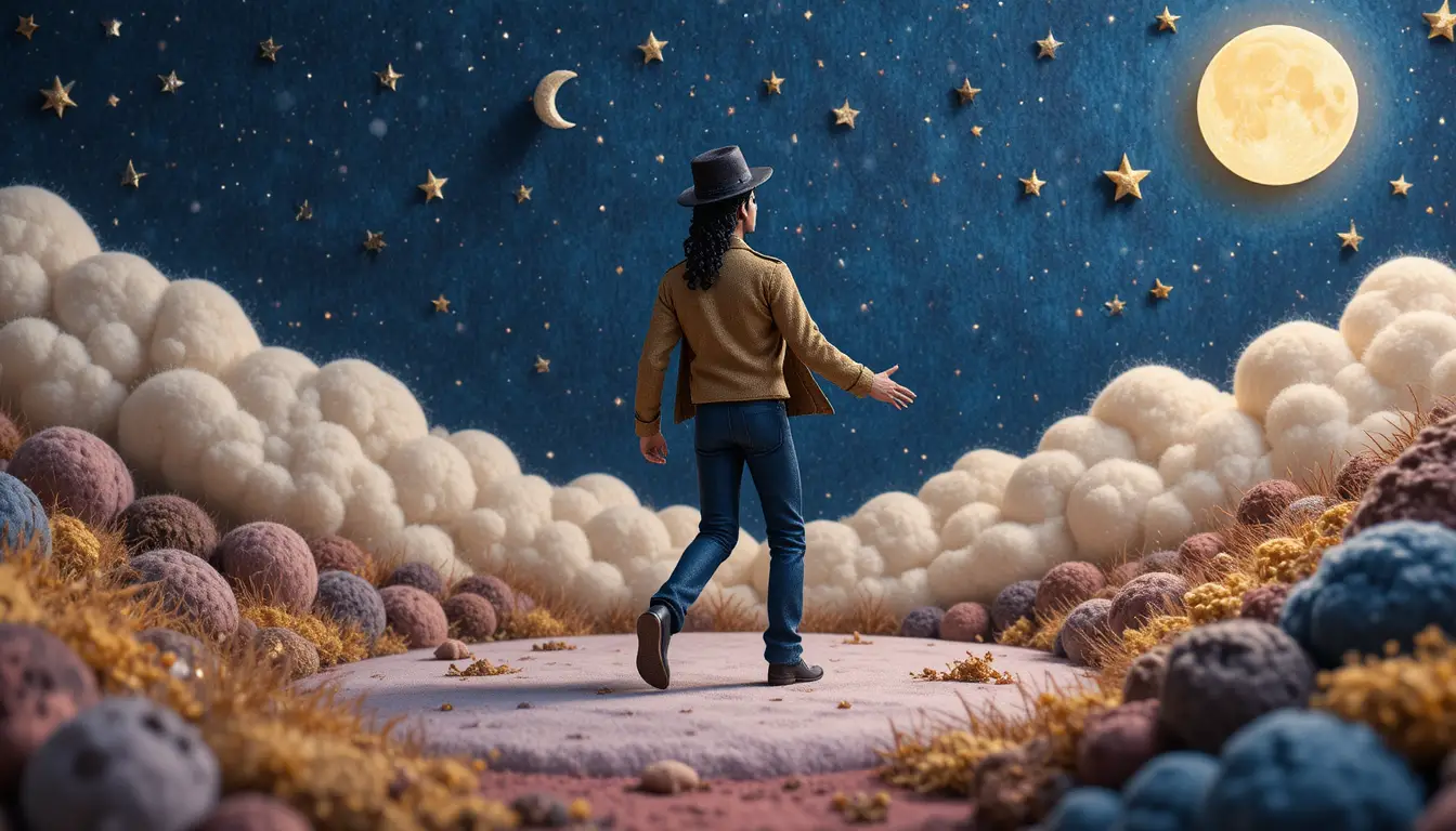 Clay moonwalk dancer under a serene moonlit night sky