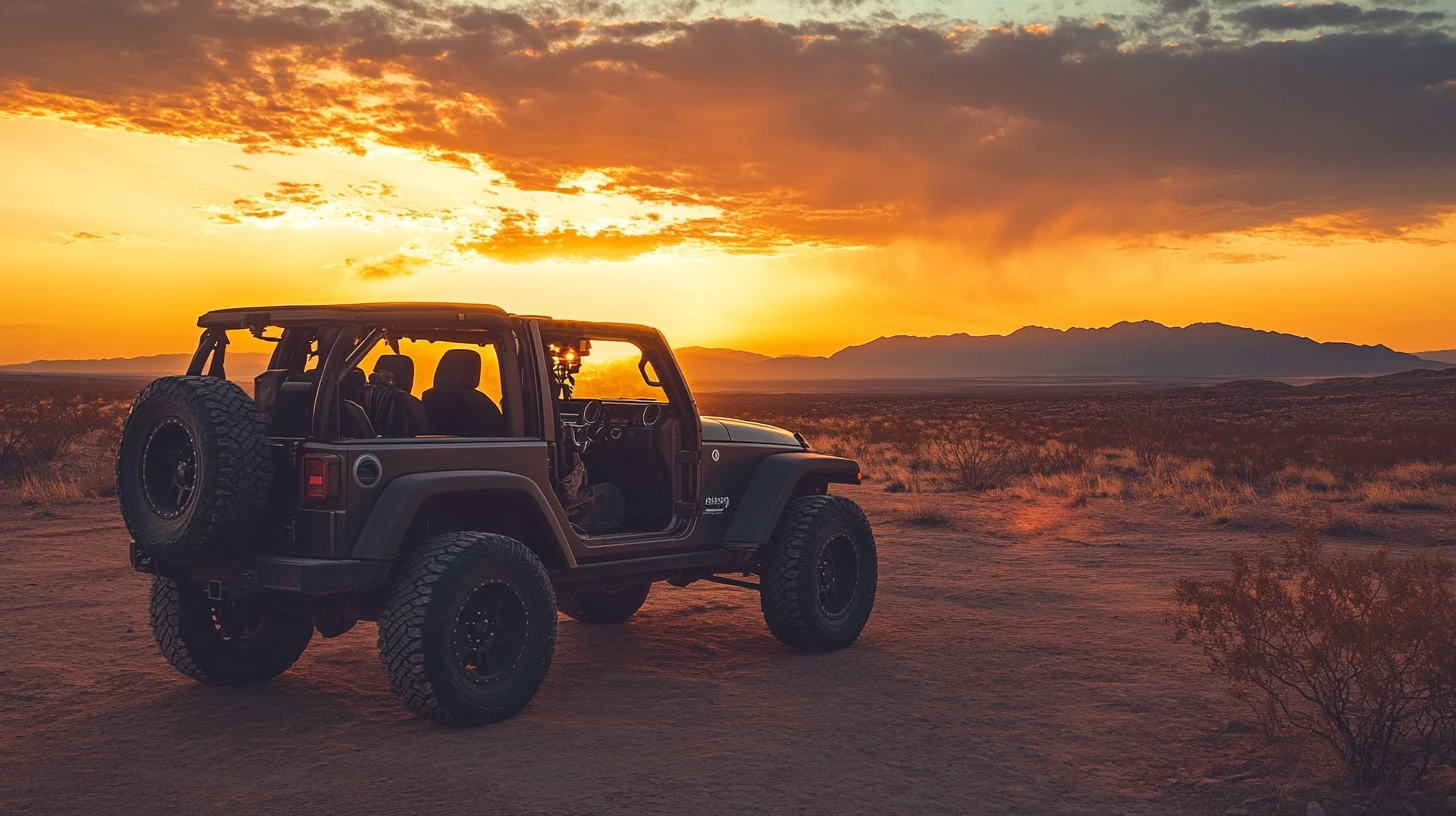 Jeep in der Wüste bei Sonnenuntergang geparkt mit Stiefeln in der Türöffnung
