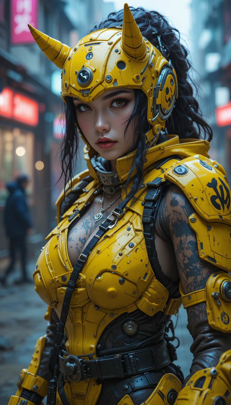 身穿黃色裝甲忍者服的賽博龐克犀牛女神