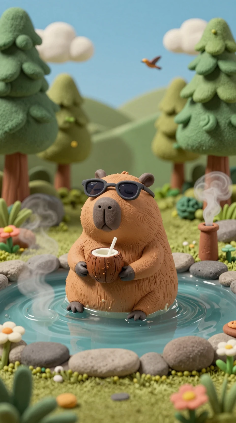 Capivara de Argila Relaxada em Uma Fonte Termal na Floresta