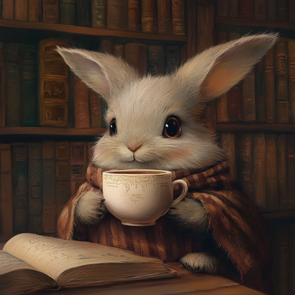 Coelhinho fofo e peludo tomando chá em uma biblioteca aconchegante