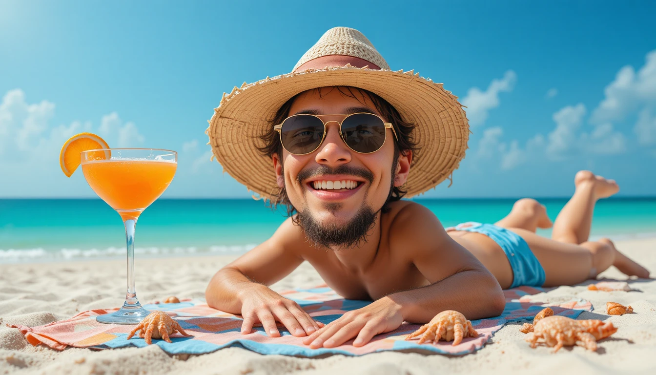Roedor de playa feliz con sombrero de paja y cóctel de naranja