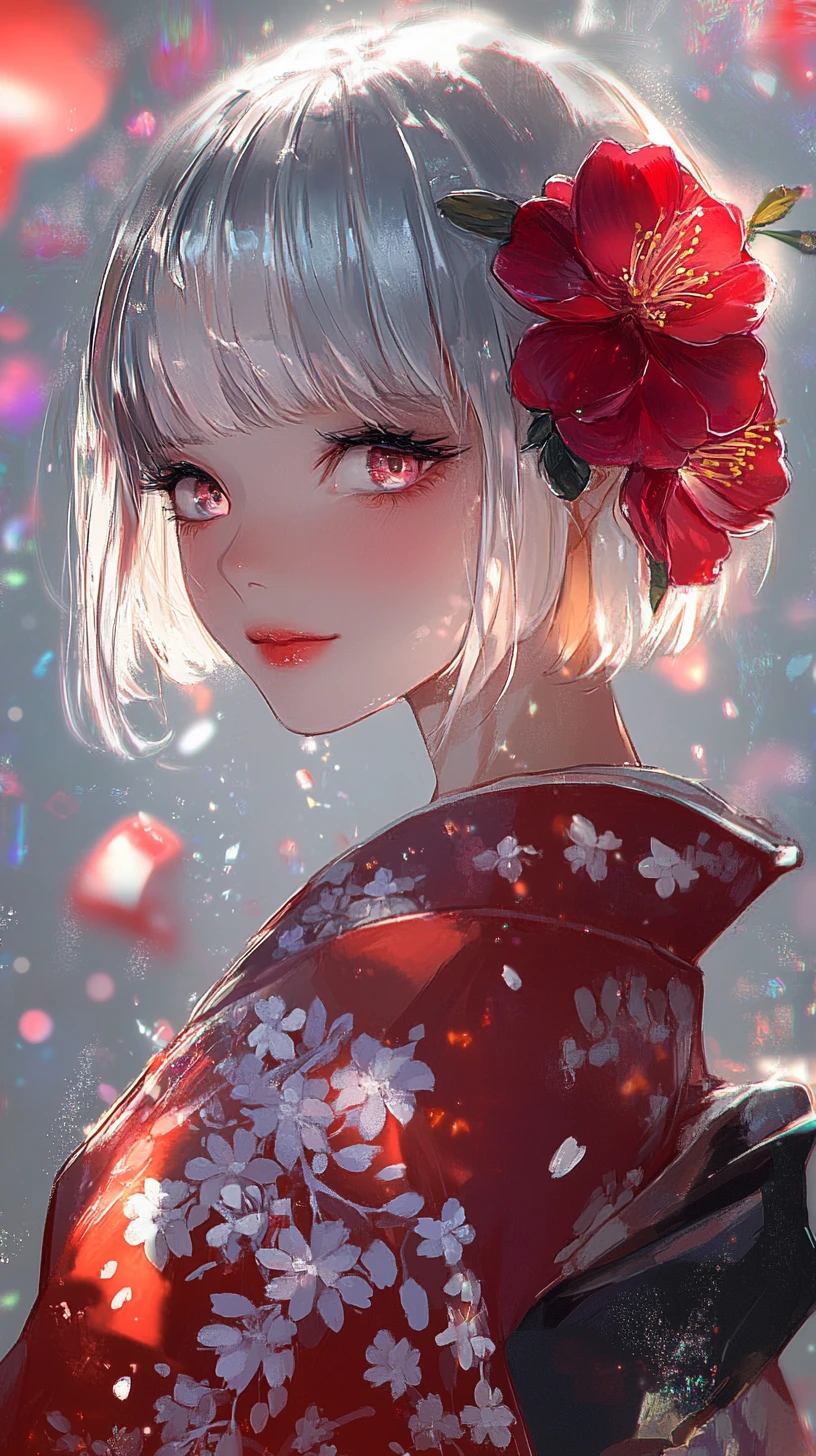 Garota de anime em quimono vermelho com cabelo bob prateado