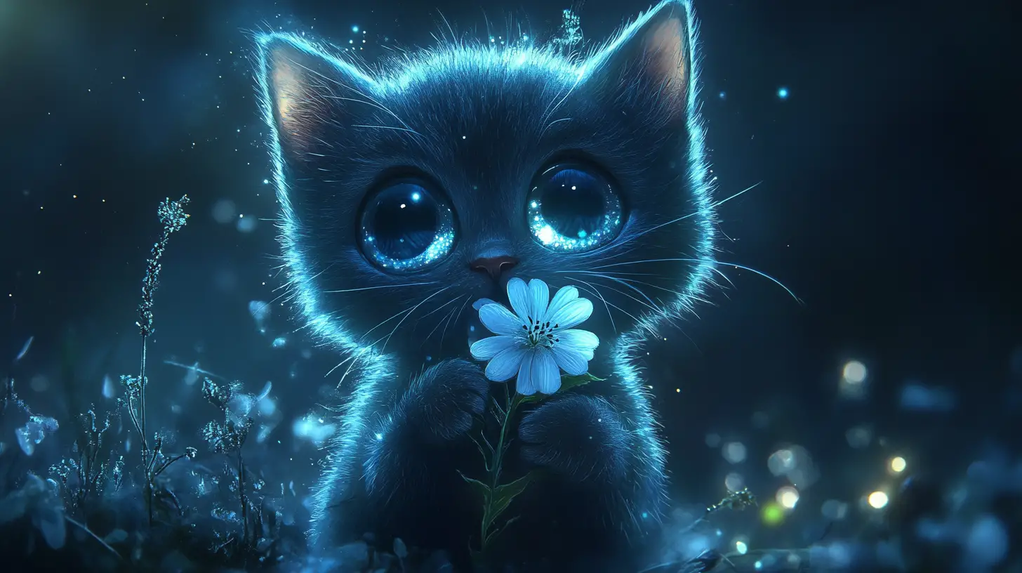 圓眼小貓在發光的夜色中擁抱月光花