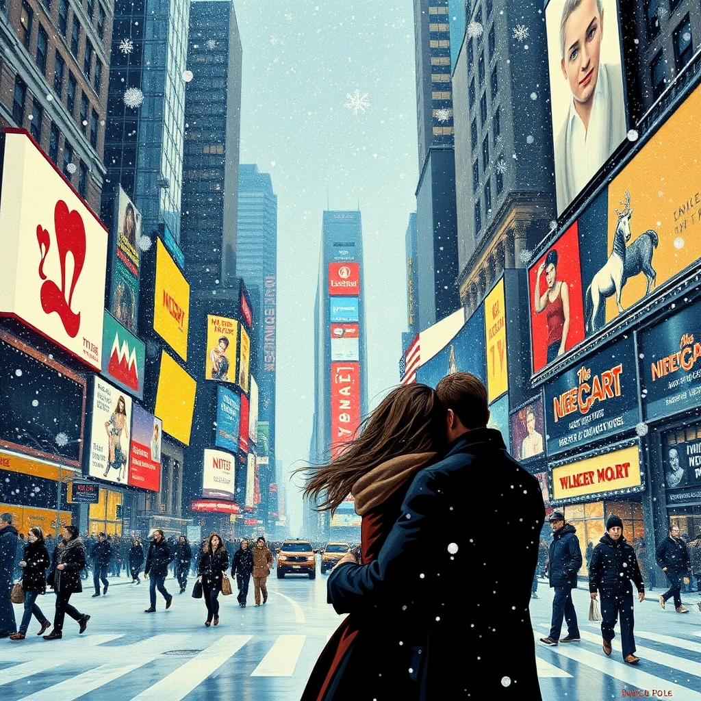 Casal se abraçando em uma nevasca na Times Square