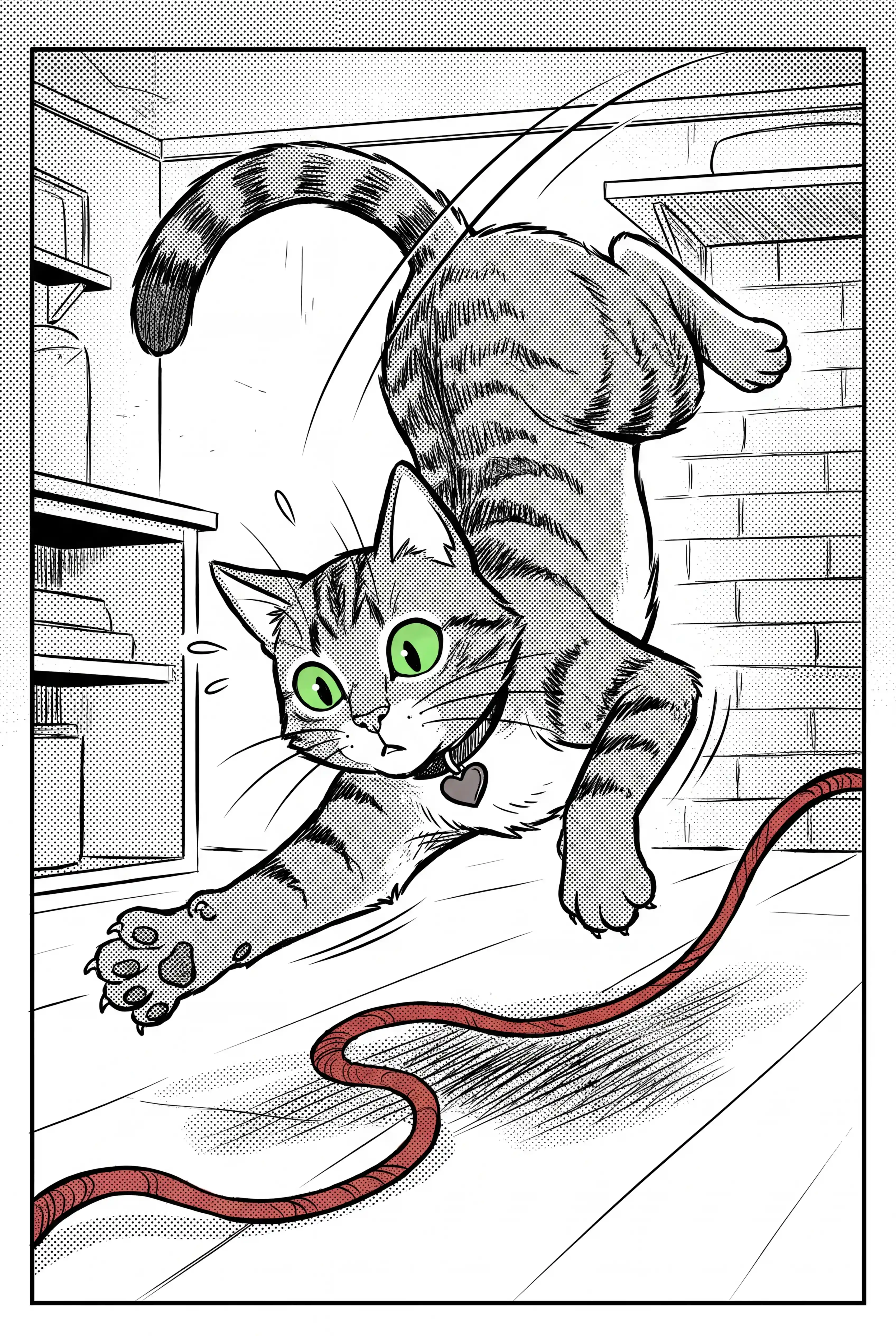 Playful tabby kitten leaping after red yarn in ink manga