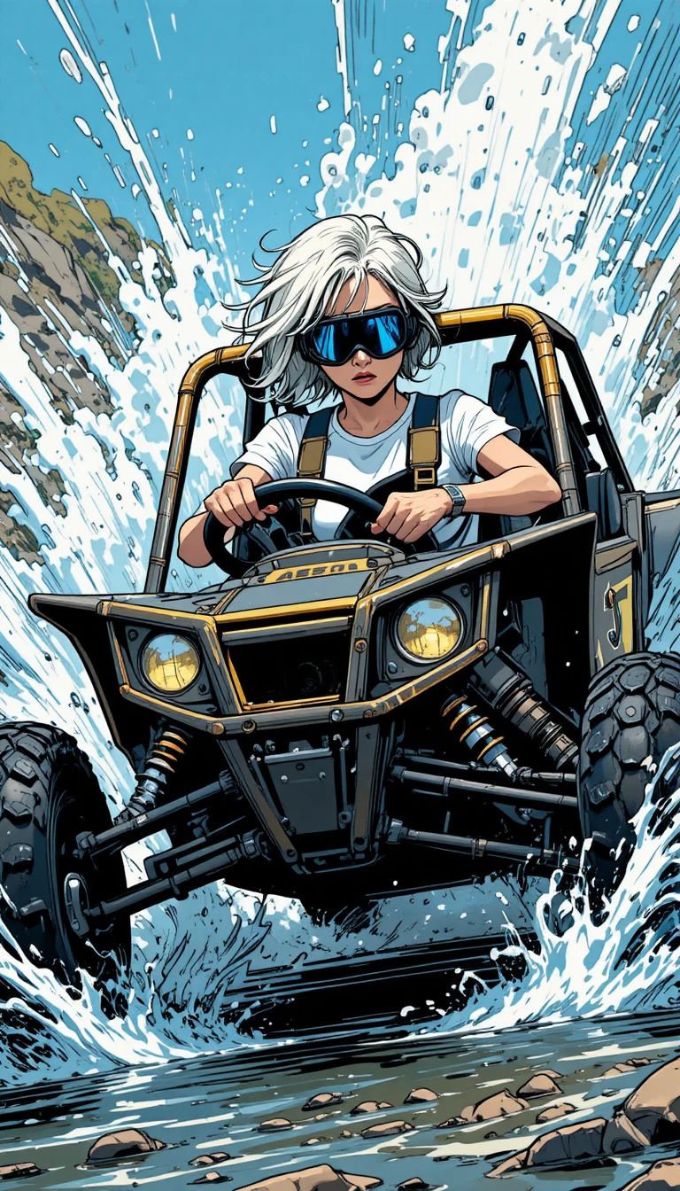 Jovem dirigindo buggy off-road através de riacho espirrando água