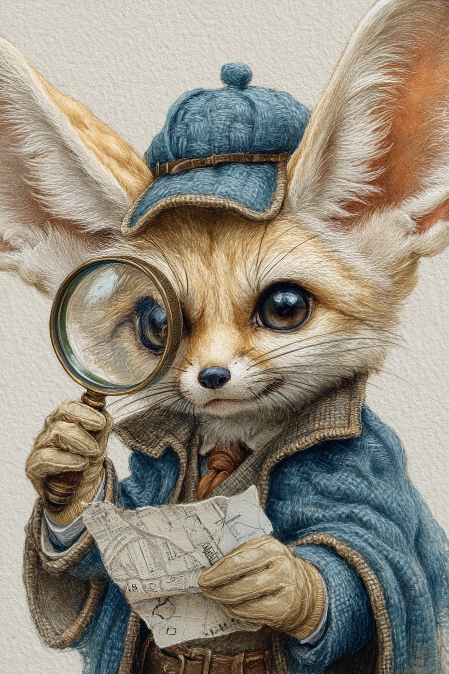Ilustração de raposa-do-deserto detetive com lupa