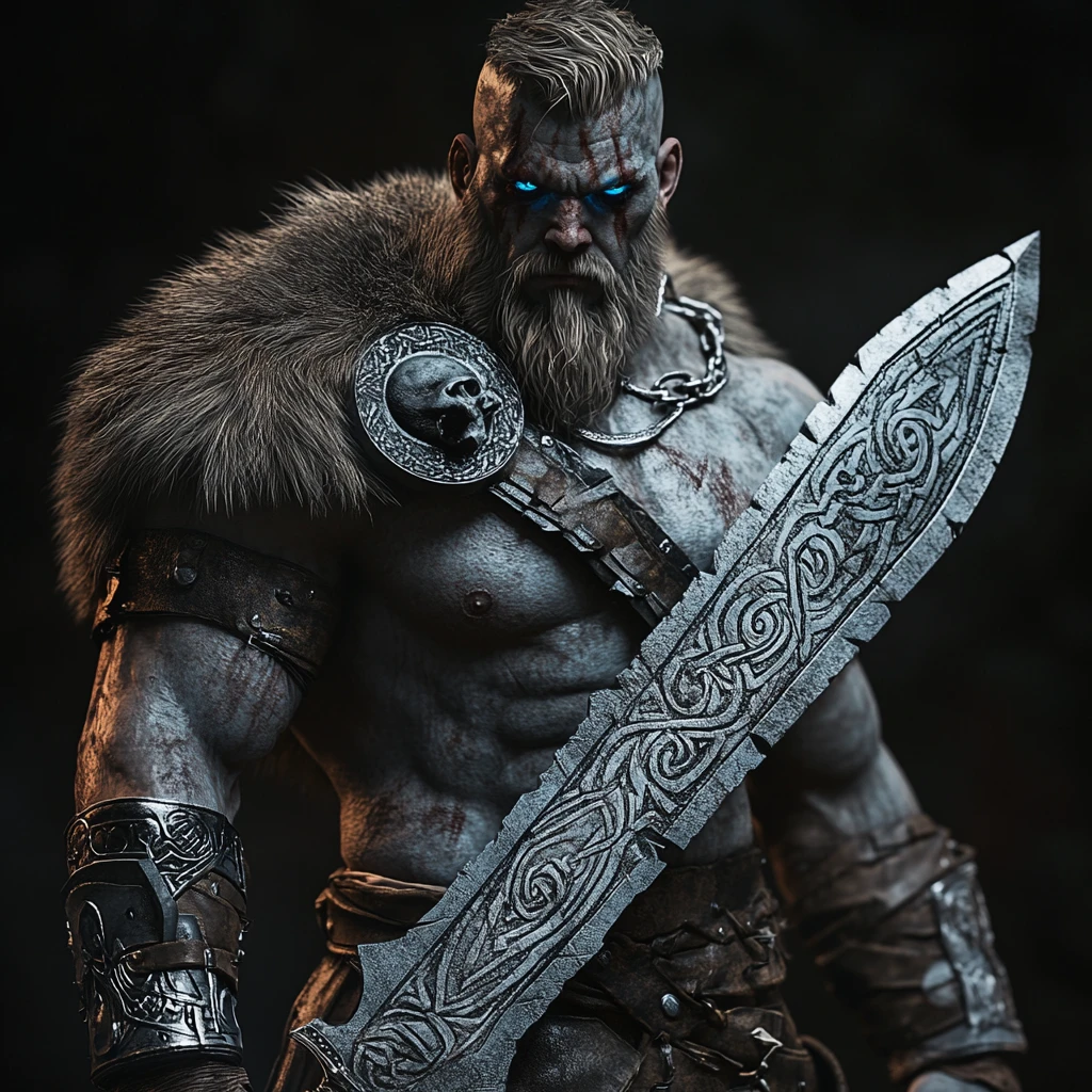 Guerrero goliat de piel gris con espada grabada con runas