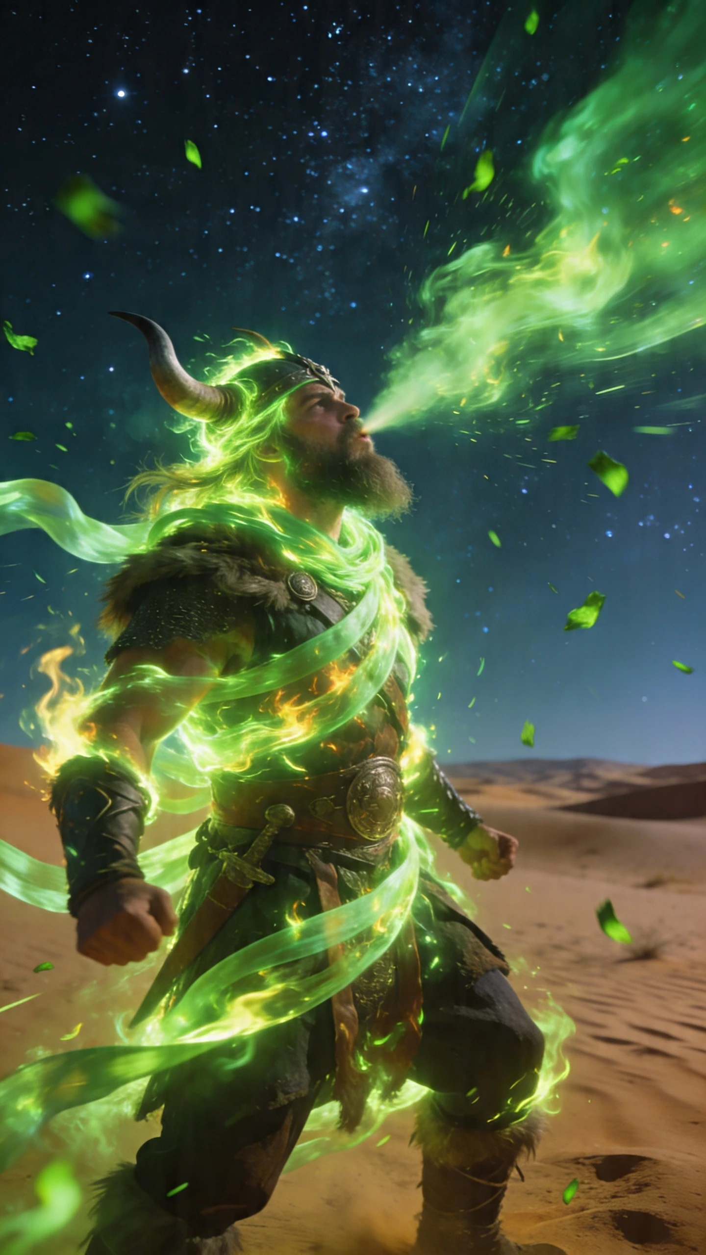 Guerrero vikingo envuelto en fuego verde bajo un cielo desértico estrellado