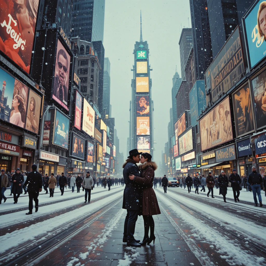 Couple s’enlaçant dans une Times Square enneigée de nuit